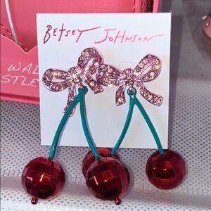 Betsey Johnson Pink Crystal Bow with Red Cherry Drop Earrings